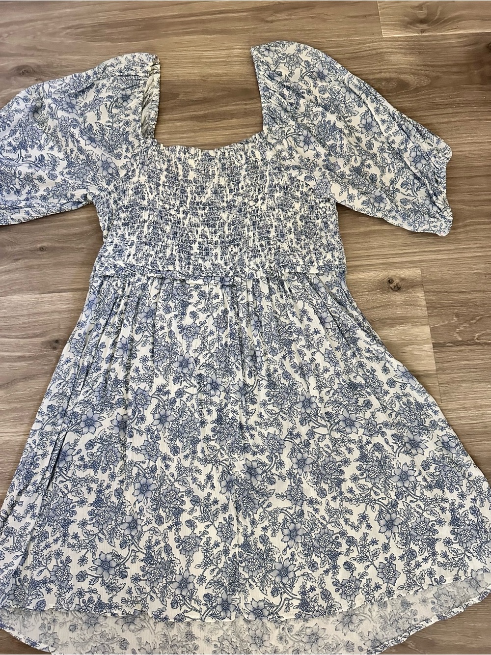 Lush White Dress with Blue Floral Print and Smocked Bodice